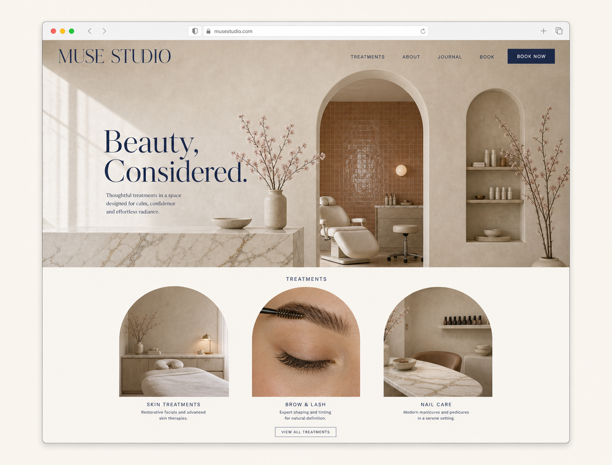 Mock website design for Muse Studio, a minimal beauty salon brand